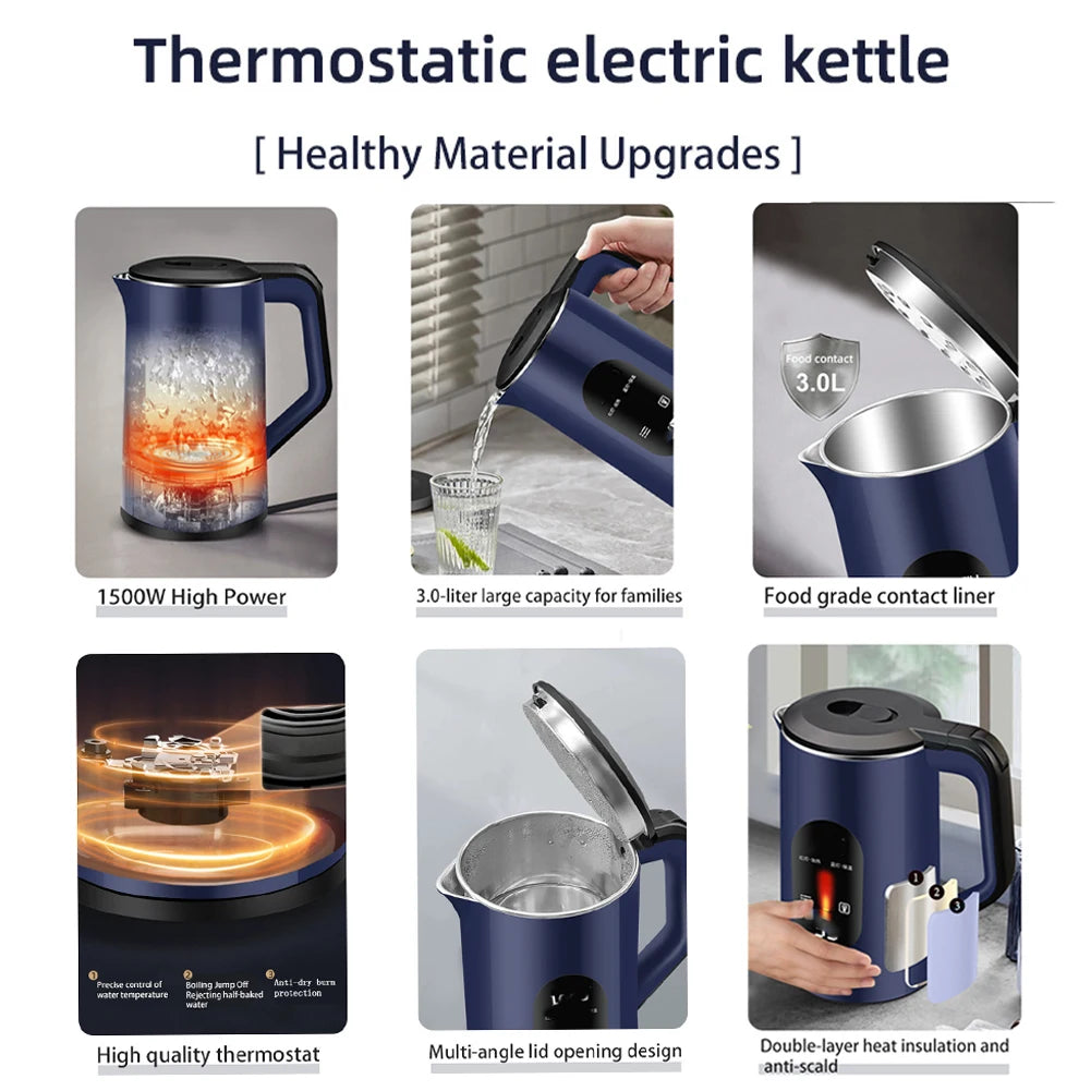 2.2L Stainless Steel Electric Kettle Hot 1500W Fast Boil Water Boiler Multifunctional Boil Water Pot For Home Making Tea Coffee