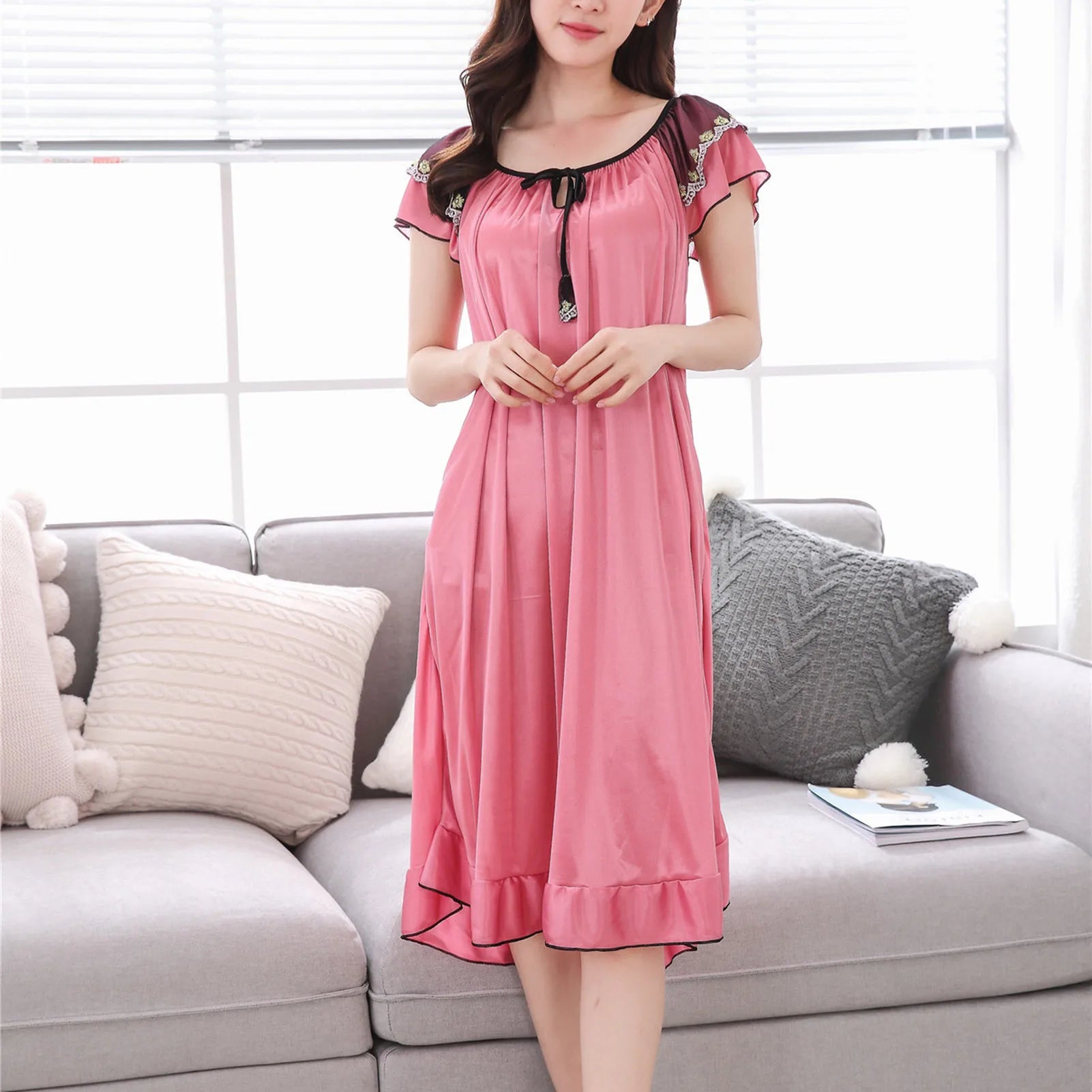Night Dress Women Short Sleeve V Neck Homewear Long Dress Nightgowns Sleepwear Nachtkleding Vrouwen Night Gown For Women