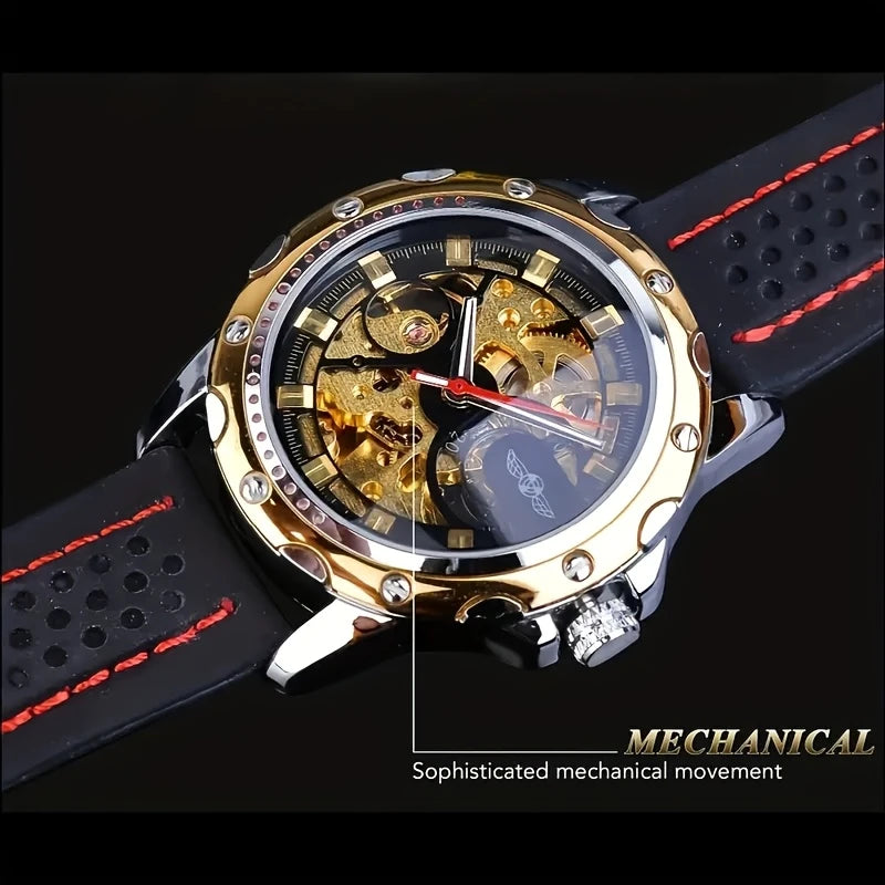 [1 Mechanical Watch for Men] Men's Fashion Mechanical Watch - Casual Style Hollow Design, 30m Waterproof, Round Alloy Case, Silicone Strap, Automatic Winding Movement - Elegant High-End Casual Business Watch, No Battery