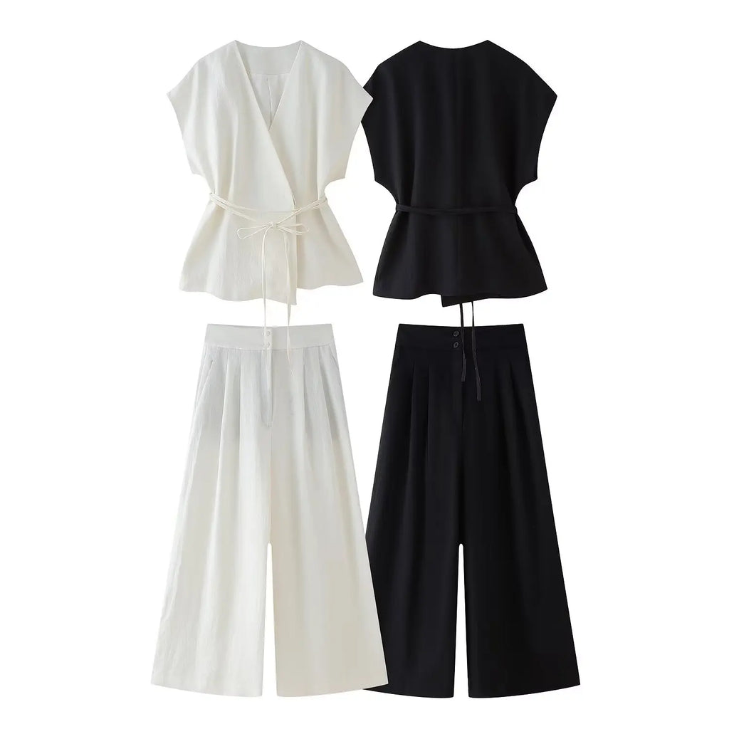 HH Women Summer Elegant Suits Flax Blended Double-lapel Lace-up Vest Tops Raglan Sleeve Button Decoration Streetwear Vest