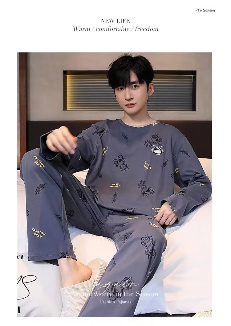 Plus Size Men Pajama Set Long Sleeve Long Pants Student Loose Casual Sleepwear Loungewear Two Piece Set Cartoon Nightwear