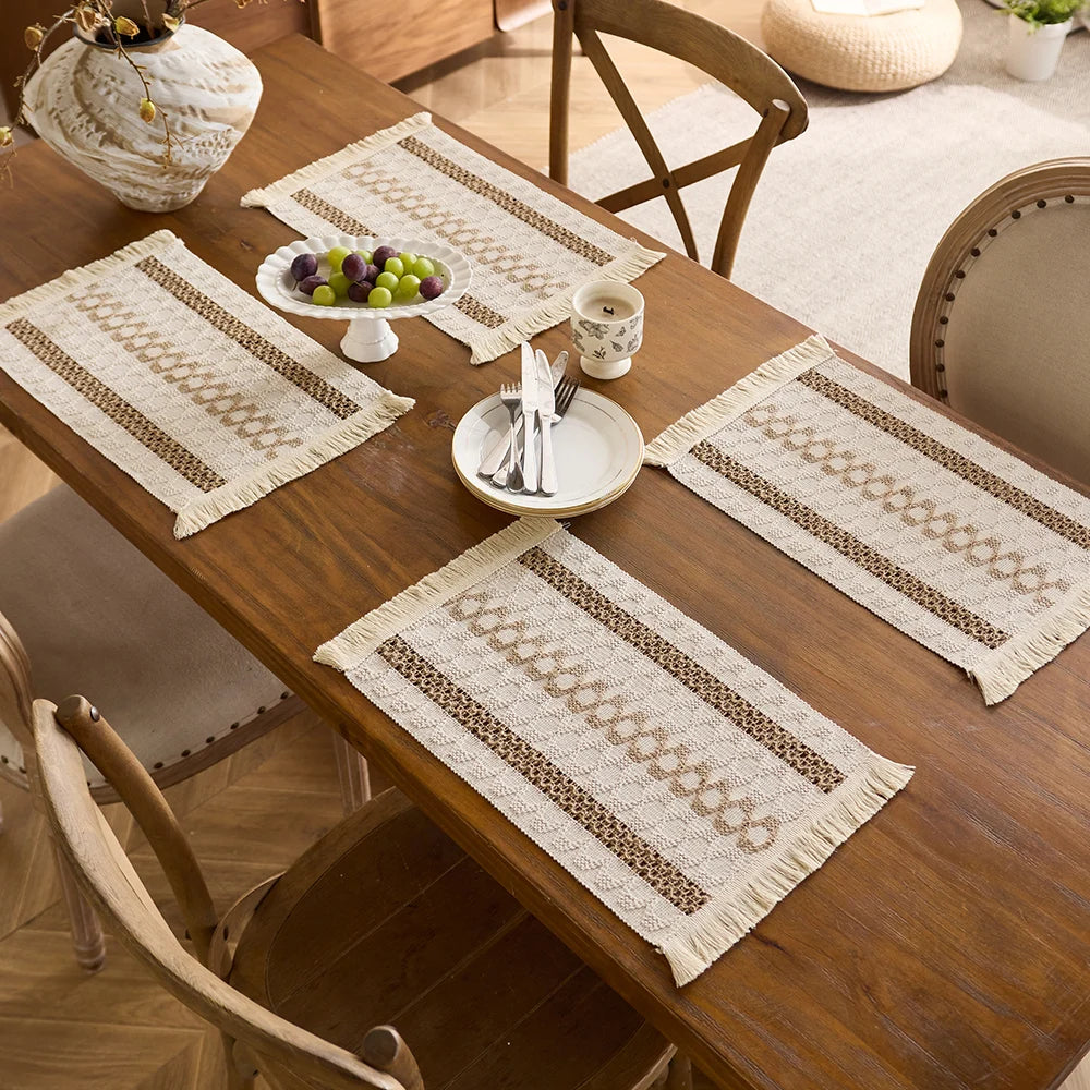 Placemat Set of 4，Handmade Boho Natural Cotton Burlap and Water Straw Woven Combination Table Mats, Macrame Décor and Farmhouse