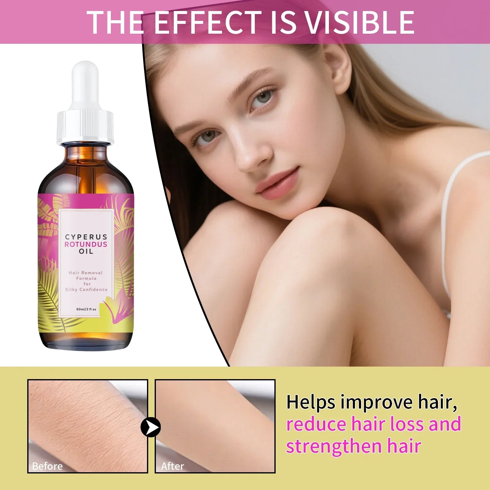 Hair Removal Oil 60ml - Natural Hair Growth Inhibitor with Jojoba & Almond Oil, Gentle Formula for Smooth Skin, All Skin Types