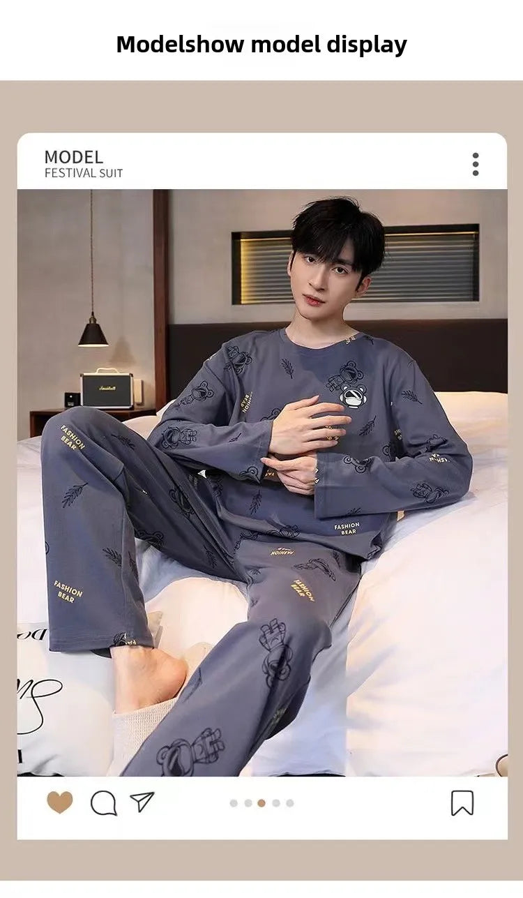 Plus Size Men Pajama Set Long Sleeve Long Pants Student Loose Casual Sleepwear Loungewear Two Piece Set Cartoon Nightwear