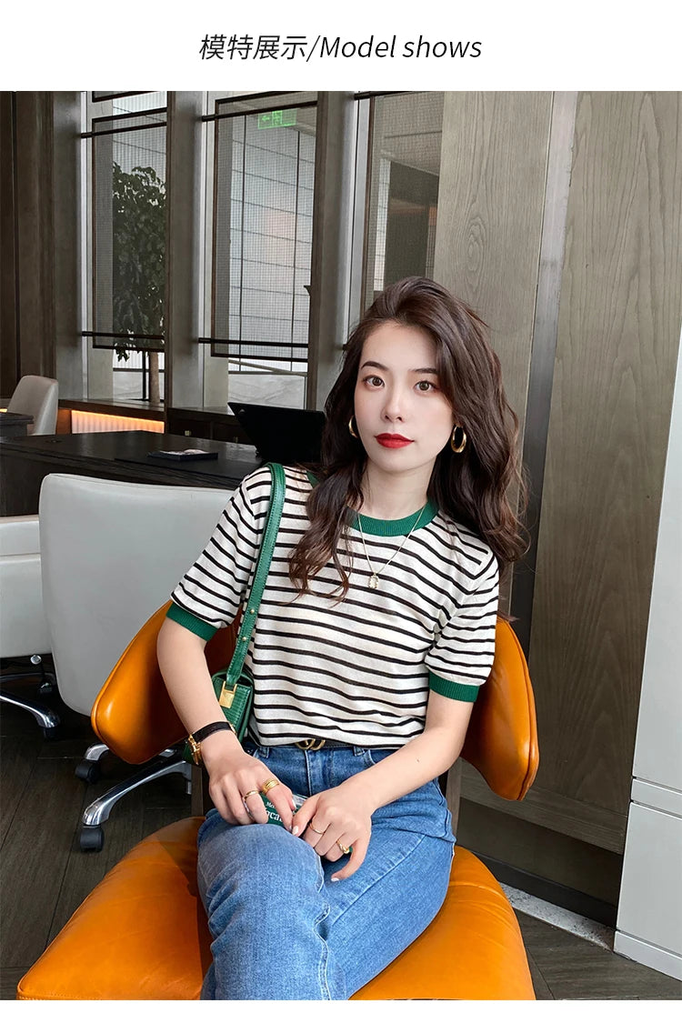 2026 Stripe Tops Women Knitted Round Collar Summer Print Short Sleeve Casual Simple Wild T-Shirt