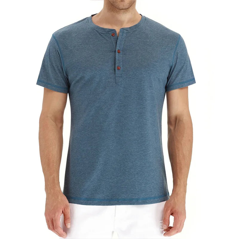 Summer Men T Shirt Short Sleeve Fashion Henley Collar Tshirt Solid Button Casual Men's Tshirts Cotton Tops Tees Mens Clothing