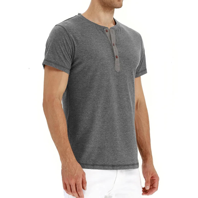 Summer Men T Shirt Short Sleeve Fashion Henley Collar Tshirt Solid Button Casual Men's Tshirts Cotton Tops Tees Mens Clothing