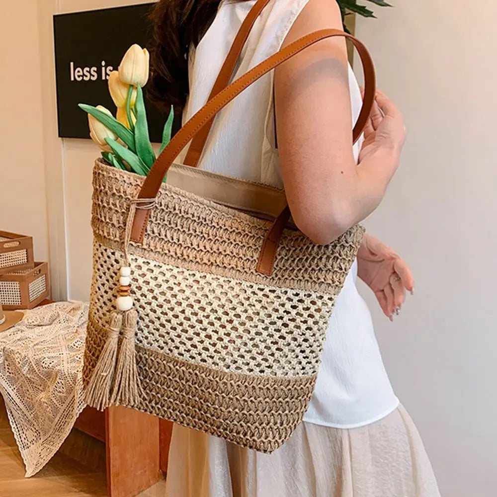 Girls Gift Hollow Out Straw Shoulder Bag Breathable Casual Summer Beach Bag Portable Bohemian Weave Tote Bag Outdoor
