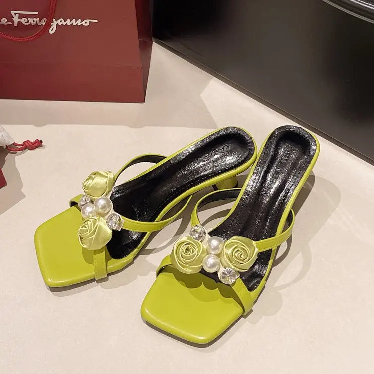 Fashionable Floral Pearl Summer Sandals Women's Trendy Slip-On Shoes Korean Style Elegant Mid Heel PU Leather Artificial Inte