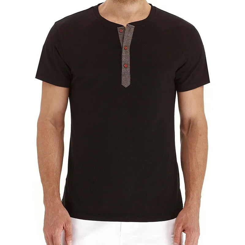 Summer Men T Shirt Short Sleeve Fashion Henley Collar Tshirt Solid Button Casual Men's Tshirts Cotton Tops Tees Mens Clothing
