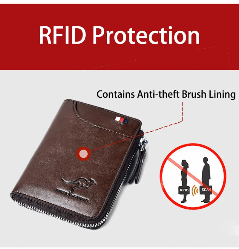 Mens RFID Protected Leather Wallet - Luxury Zippered Card Holder Purse for Business Cards with Elegant Carteira Masculina Style