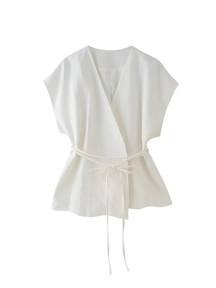 HH Women Summer Elegant Suits Flax Blended Double-lapel Lace-up Vest Tops Raglan Sleeve Button Decoration Streetwear Vest