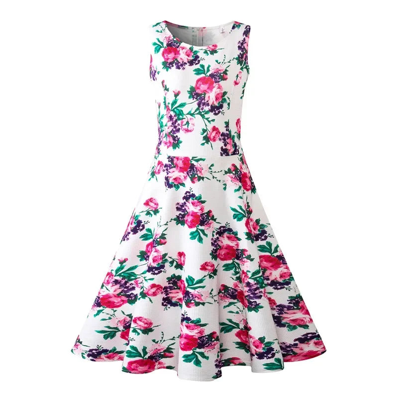 Summer Women Dress Clothing Floral Print Robe Retro Swing Casual Vintage Rockabilly