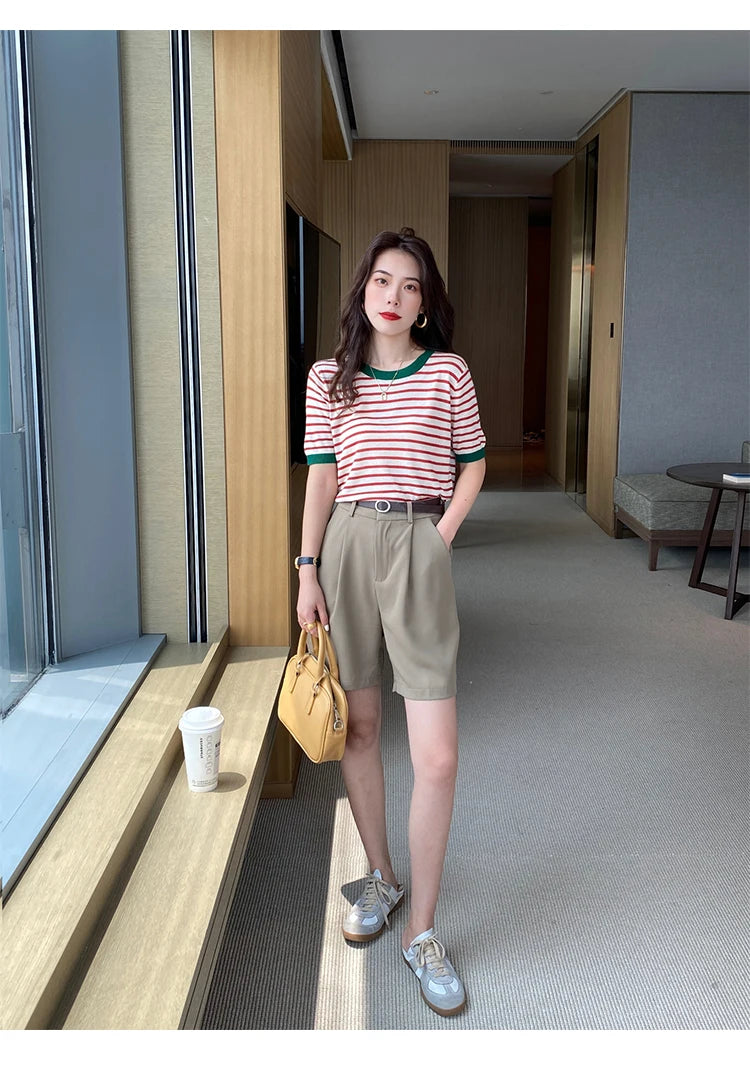 2026 Stripe Tops Women Knitted Round Collar Summer Print Short Sleeve Casual Simple Wild T-Shirt