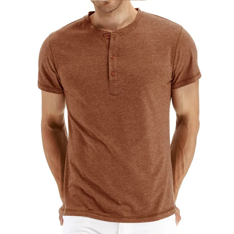 Summer Men T Shirt Short Sleeve Fashion Henley Collar Tshirt Solid Button Casual Men's Tshirts Cotton Tops Tees Mens Clothing