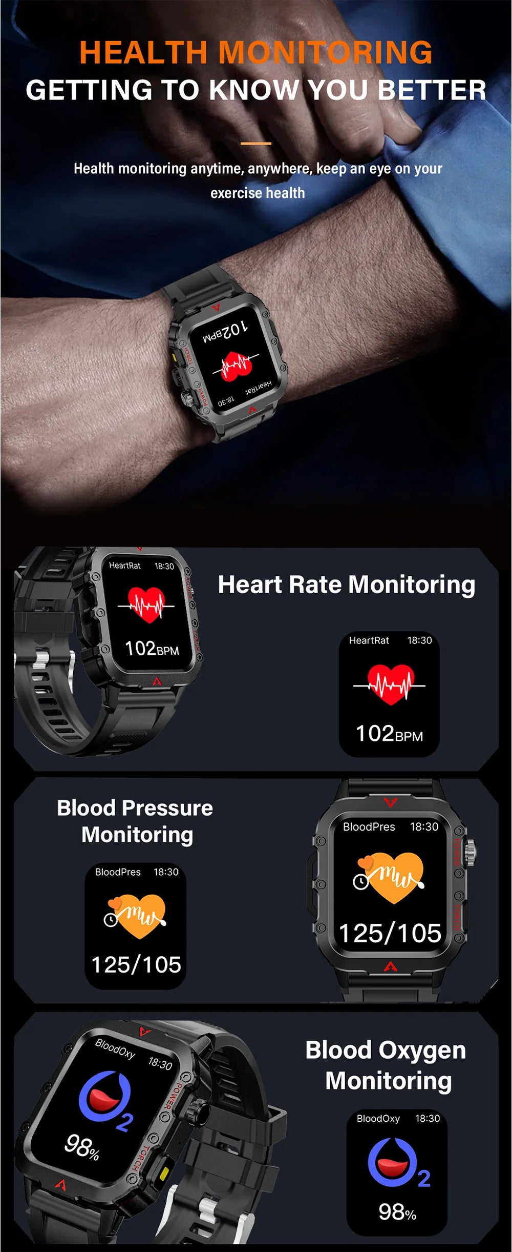 LAXASFIT New Men's Smart Watch LED Flashlight Outdoor Sports Smart Watch Wristwatch Health Monitoring Smart Watch