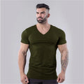 Mens Plain  Summer Cotton Breathable Short Sleeve Shirts Running V-neck T-shirt Gym Bodybuilding Fitness Workout Muscle Clothin