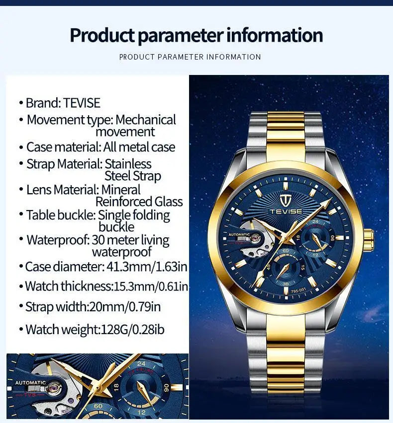 TEVISE men's watch - a business mechanical watch for fashionable men. High quality, suitable for daily wear in both formal and c