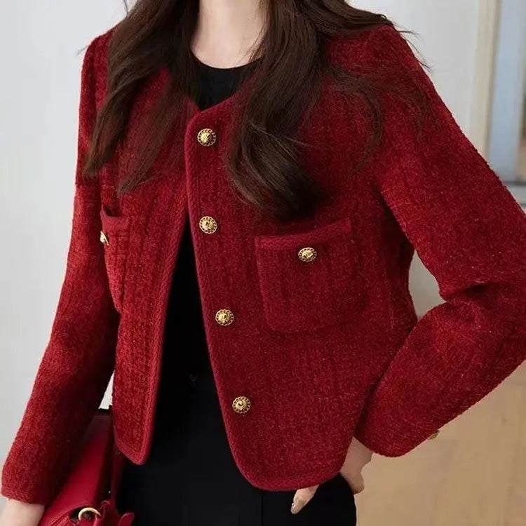 Women's Jacket 2024 Spring Autumn New Red Tweed Small Fragrance Coat Short Blazers Korean Fashion Elegant Female Tops Outerwear