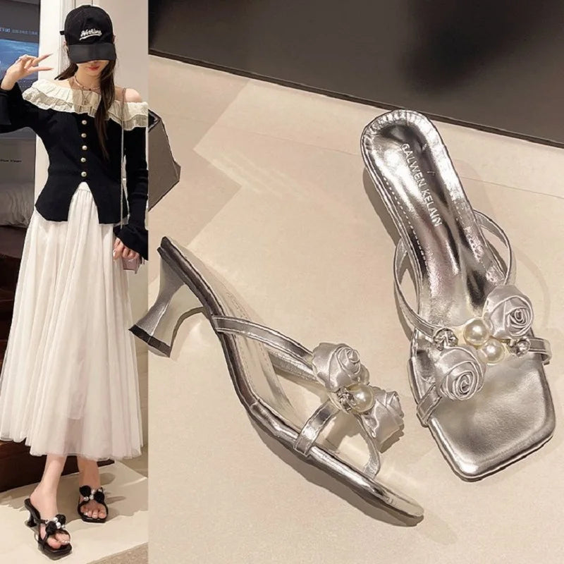 Fashionable Floral Pearl Summer Sandals Women's Trendy Slip-On Shoes Korean Style Elegant Mid Heel PU Leather Artificial Inte