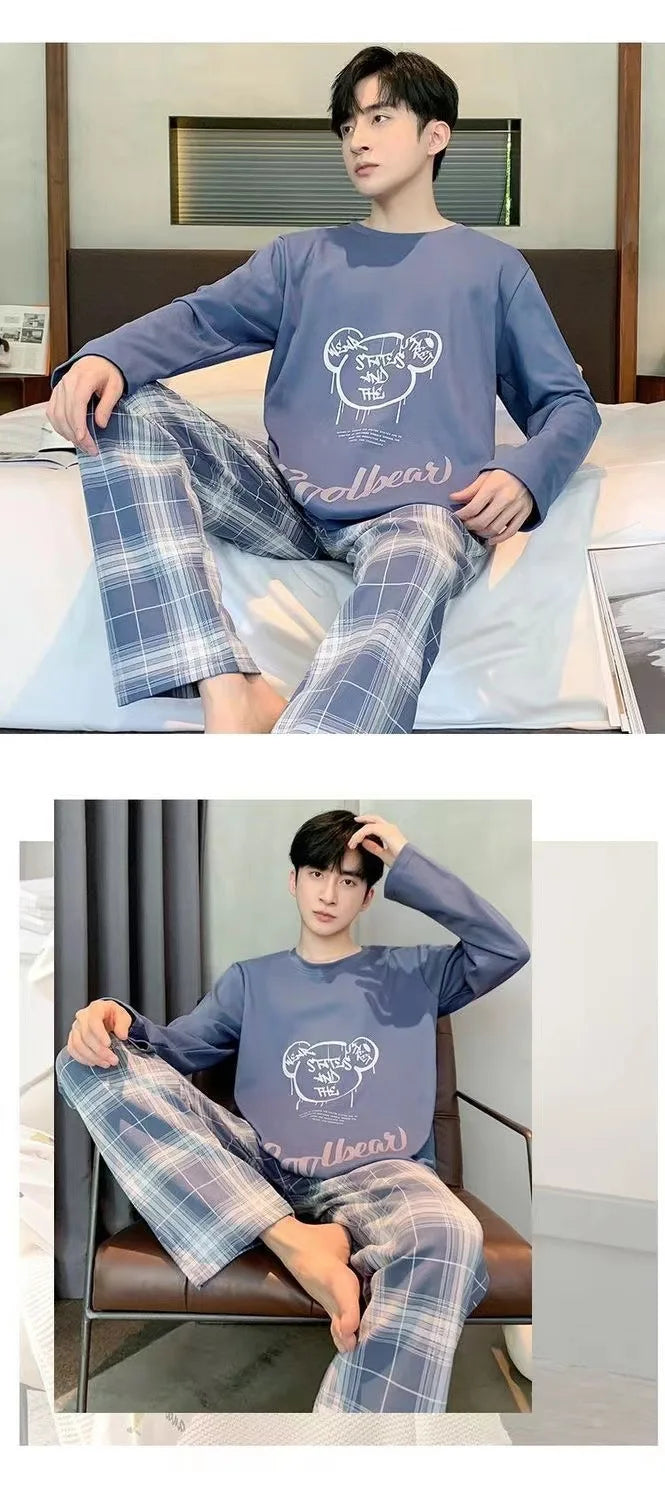 Plus Size Men Pajama Set Long Sleeve Long Pants Student Loose Casual Sleepwear Loungewear Two Piece Set Cartoon Nightwear