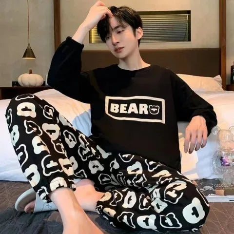 Plus Size Men Pajama Set Long Sleeve Long Pants Student Loose Casual Sleepwear Loungewear Two Piece Set Cartoon Nightwear