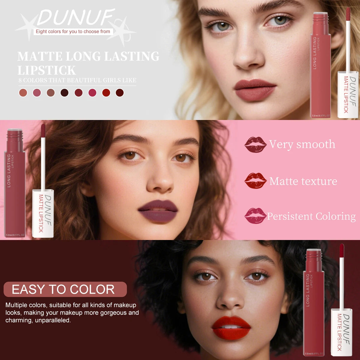 Long-Lasting Lip Gloss 1pcs: Matte Lipstick Non-Stick Cup Waterproof Nude Deep Red Mauve Christmas And Valentine's Day Gifts