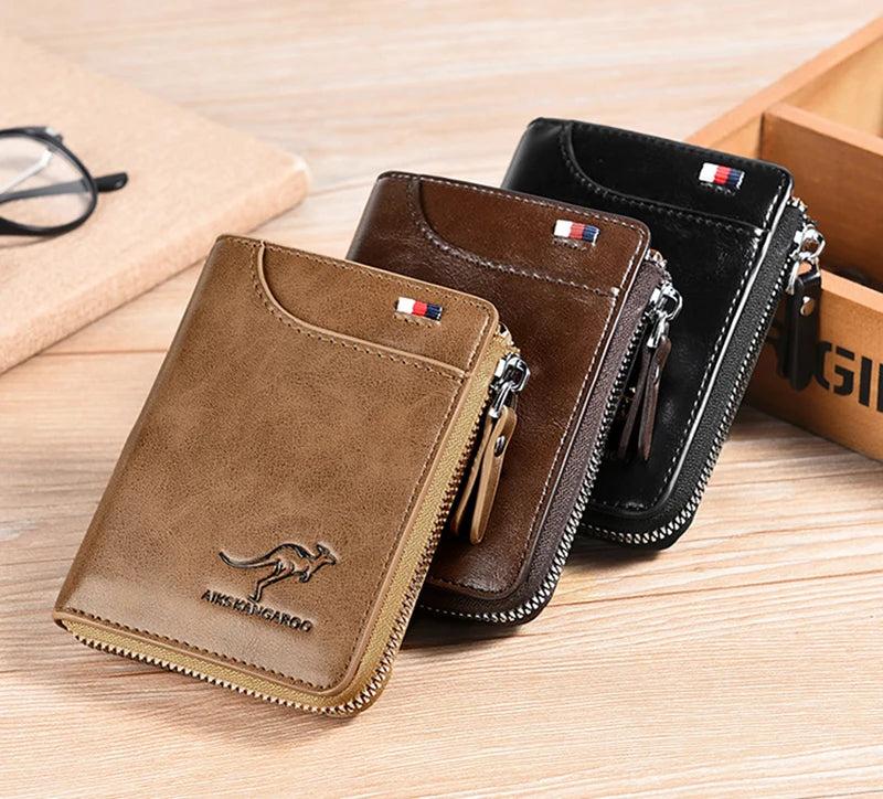 Mens RFID Protected Leather Wallet - Luxury Zippered Card Holder Purse for Business Cards with Elegant Carteira Masculina Style