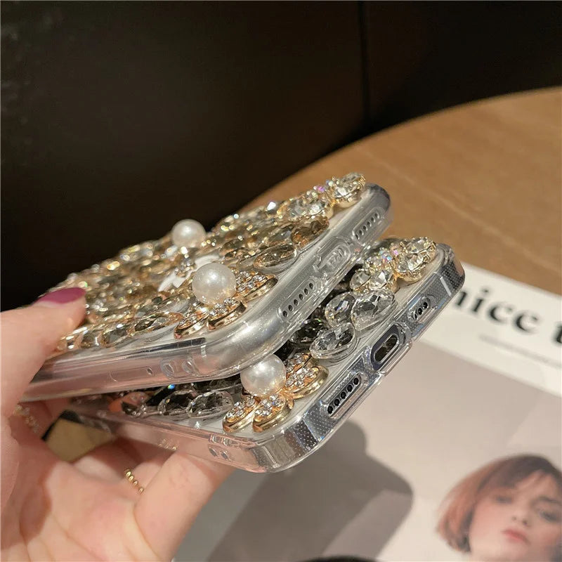Luxury Bling Flower Diamond Bag Crown Rhinestone Case For iphone 15Pro 14Plus 13 Mini 12 11Pro 17 Air 16 PLUS Cover