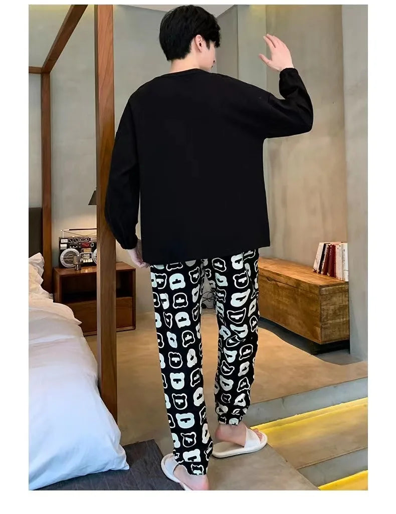 Plus Size Men Pajama Set Long Sleeve Long Pants Student Loose Casual Sleepwear Loungewear Two Piece Set Cartoon Nightwear