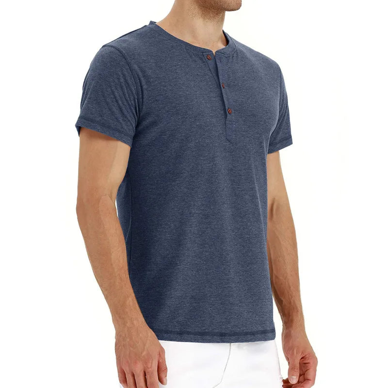 Summer Men T Shirt Short Sleeve Fashion Henley Collar Tshirt Solid Button Casual Men's Tshirts Cotton Tops Tees Mens Clothing