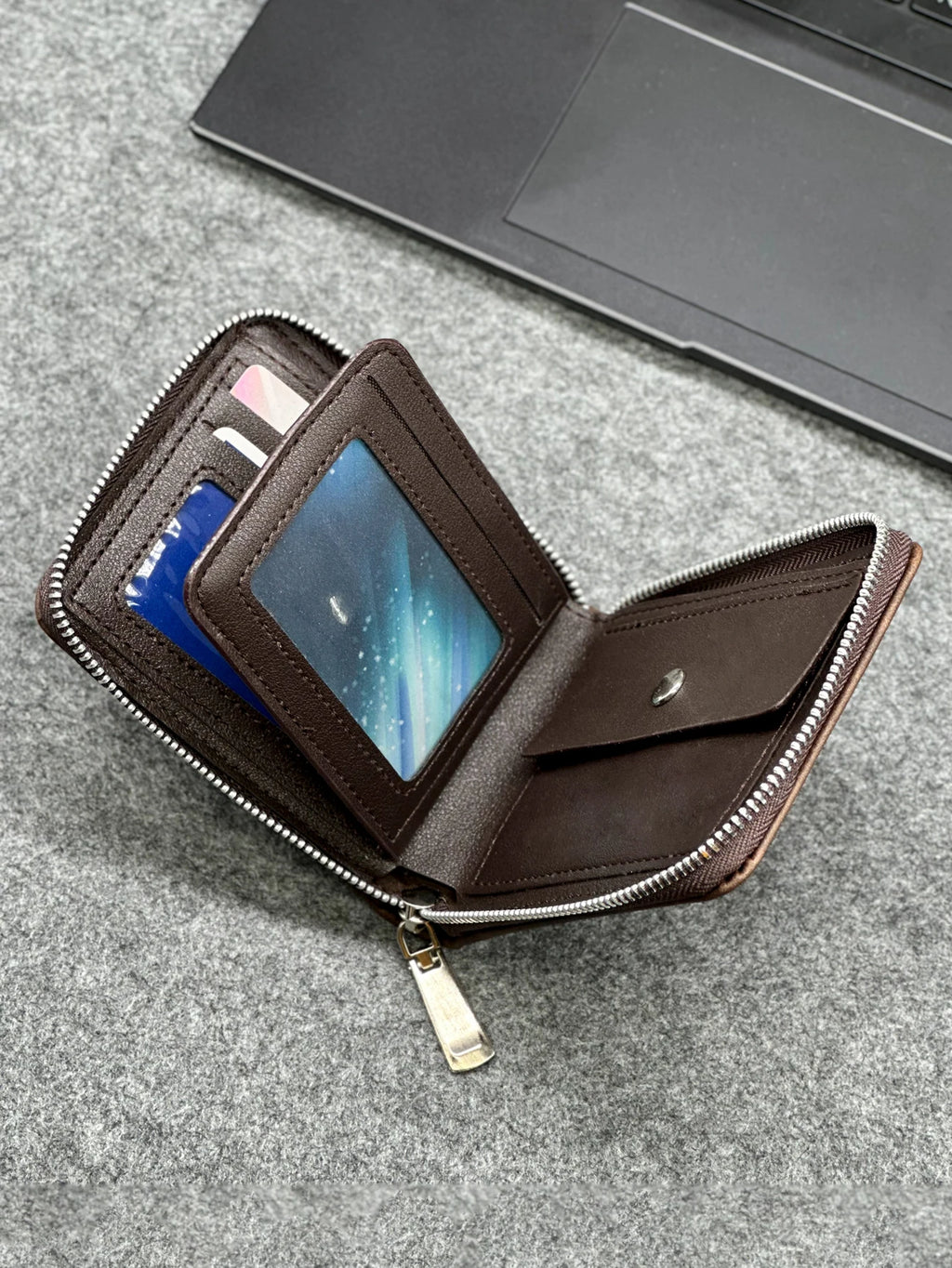 Zippered Slim Mens PU Wallet - Compact Size for Coins & Cards - Business Design