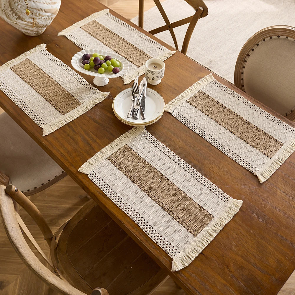 Placemat Set of 4，Handmade Boho Natural Cotton Burlap and Water Straw Woven Combination Table Mats, Macrame Décor and Farmhouse