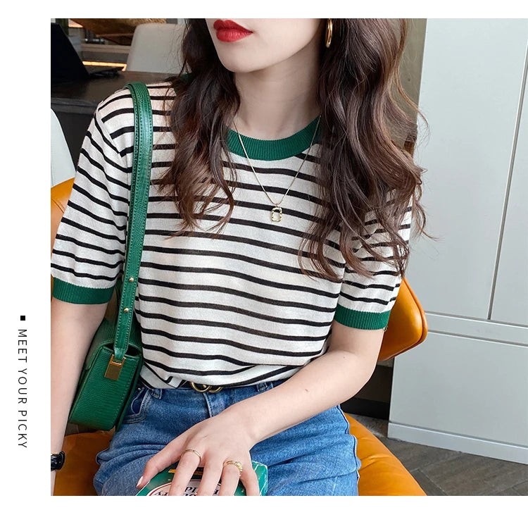 2026 Stripe Tops Women Knitted Round Collar Summer Print Short Sleeve Casual Simple Wild T-Shirt