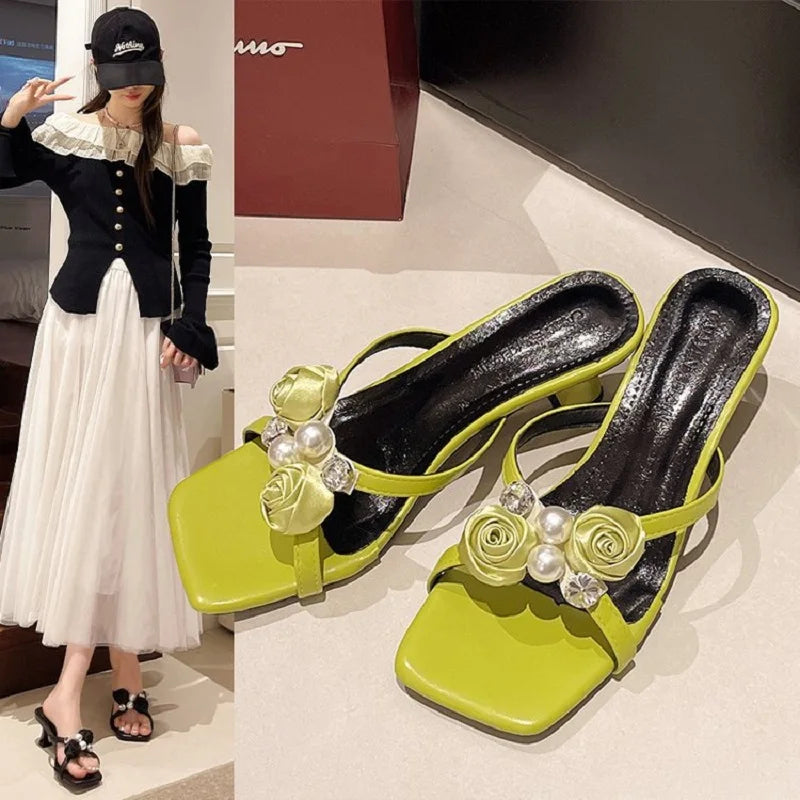 Fashionable Floral Pearl Summer Sandals Women's Trendy Slip-On Shoes Korean Style Elegant Mid Heel PU Leather Artificial Inte