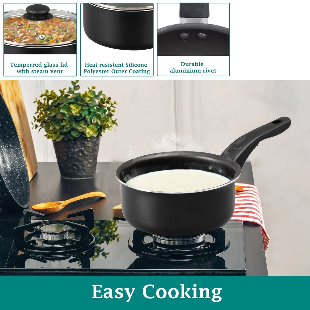 3 Piece Non-Stick Sauce Pans Set Includes 1Qt 2Qt Pots with Lid Easy Clean Dishwasher Safe Lightweight Heat Resistant Kitchen
