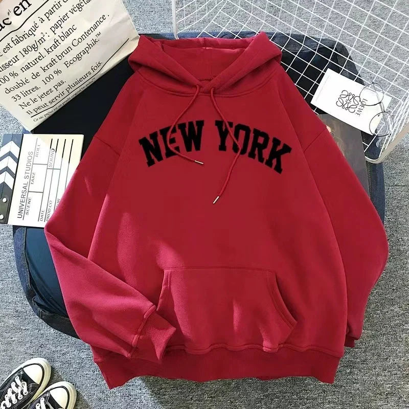 Hoodie Europe and America Sweatshirts for Women New York Letter y2k Autumn Winter Oversized Plus Velvet Casual Loose Fleece Tops