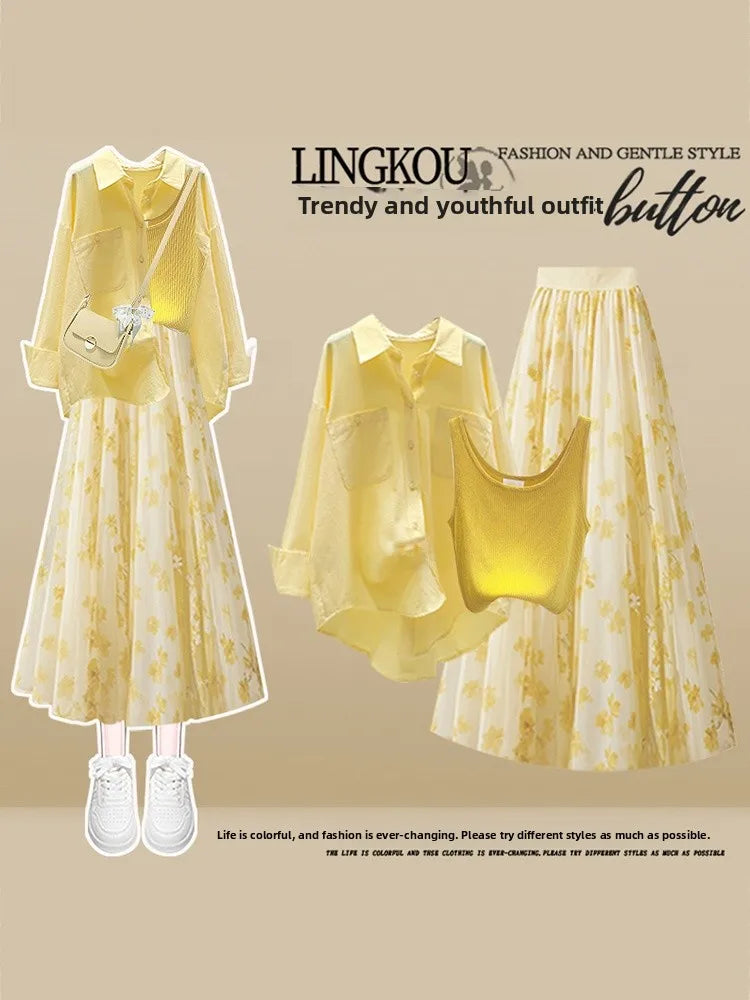Summer Ele Yellow irt Inner Wear Vest High Waist Slim Floral f-length Skirt Tee-piece Set Women's Faion Ensemble