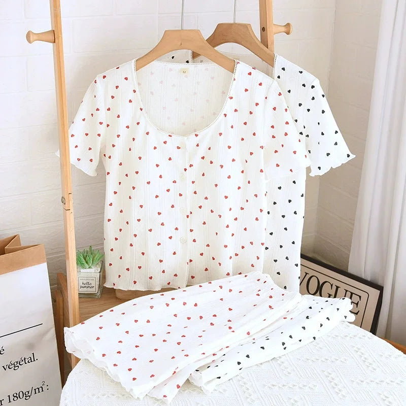 Summer Sleepwear Clothes for Ladies Knitted Printed Cardigan Short Sleeved Shorts 2 Pcs Women's Loose Home Clothes