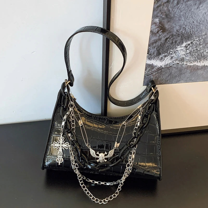 Cool Hot Girls Underarm Bags Purse Retro Punk Style Women Shoulder Handbags Chain Pu Leather Ladies Phone Crossbody Bag