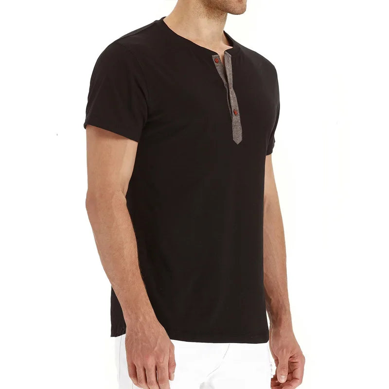 Summer Men T Shirt Short Sleeve Fashion Henley Collar Tshirt Solid Button Casual Men's Tshirts Cotton Tops Tees Mens Clothing