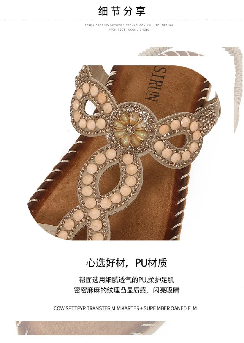 New fashionable Bohemian sandals, round-toe flat sandals for women, rhinestone-decorated large-size women's sandals