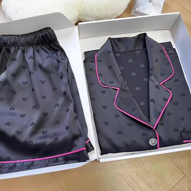 Summer Nightwear for Women: Ice-Silk Cool-Touch Short-Sleeved Premium Black Heart-Print Outerwear-Style Loungewear Fashion Set