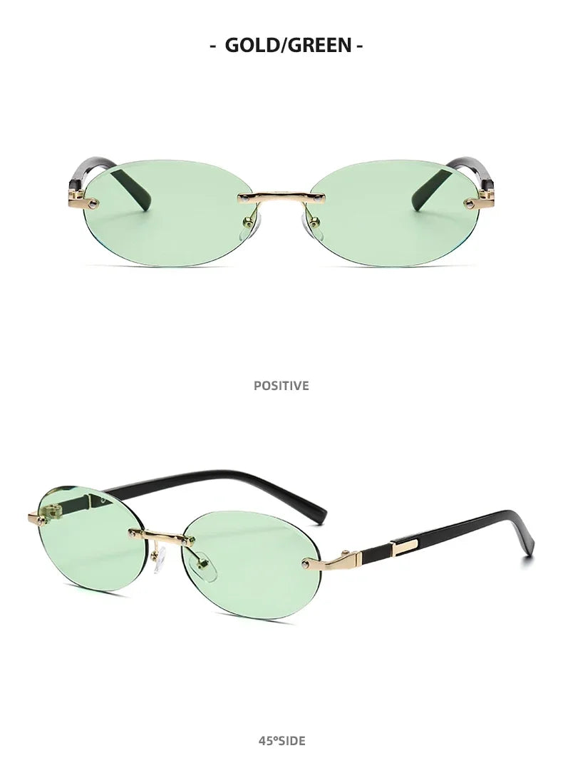 Popular Women Shades Oval Sun Glasses for Female Male Summer Glasses UV400 Rimless Sun Glasses Round Fashion Gafas De Sol Очки