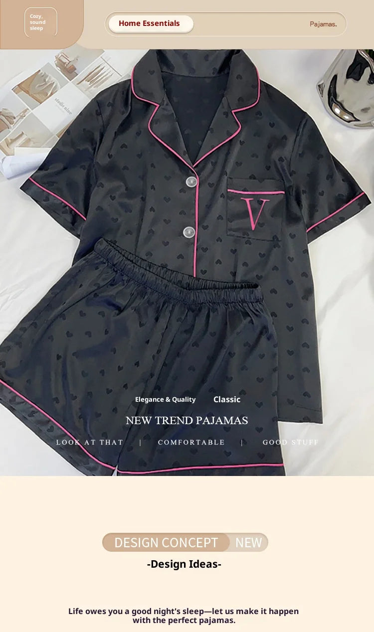 Summer Nightwear for Women: Ice-Silk Cool-Touch Short-Sleeved Premium Black Heart-Print Outerwear-Style Loungewear Fashion Set