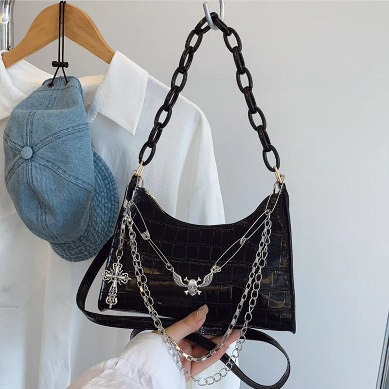 Cool Hot Girls Underarm Bags Purse Retro Punk Style Women Shoulder Handbags Chain Pu Leather Ladies Phone Crossbody Bag