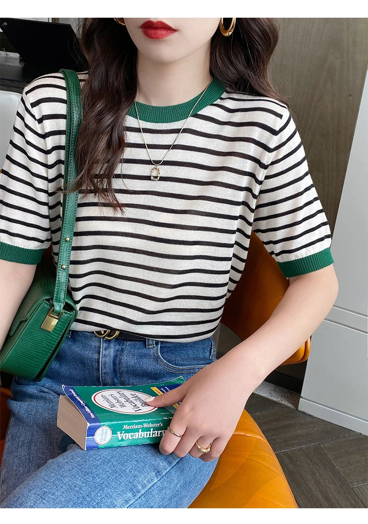 2026 Stripe Tops Women Knitted Round Collar Summer Print Short Sleeve Casual Simple Wild T-Shirt