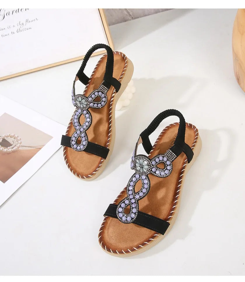 New fashionable Bohemian sandals, round-toe flat sandals for women, rhinestone-decorated large-size women's sandals