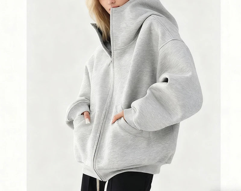 Hoodie  Outerwear  Hooded  Cardigan  Mid Length   Autumn and Winter Thick Loose Hoodie
