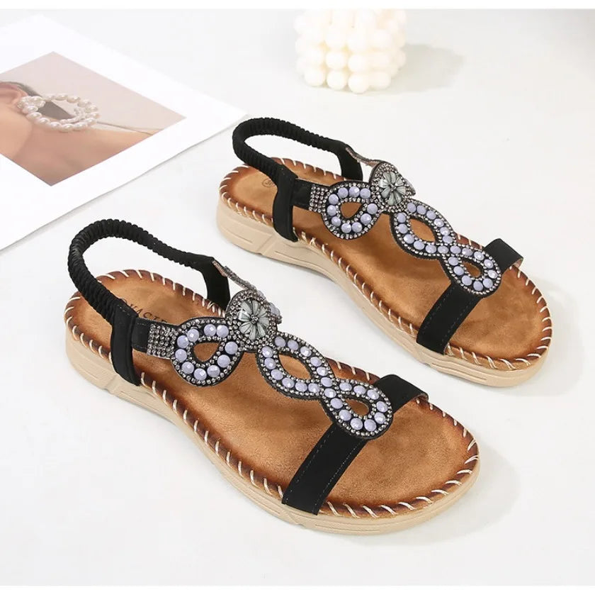 New fashionable Bohemian sandals, round-toe flat sandals for women, rhinestone-decorated large-size women's sandals